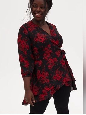 Torrid Georgette Wrap Tunic Blouse Black Floral Size 2X